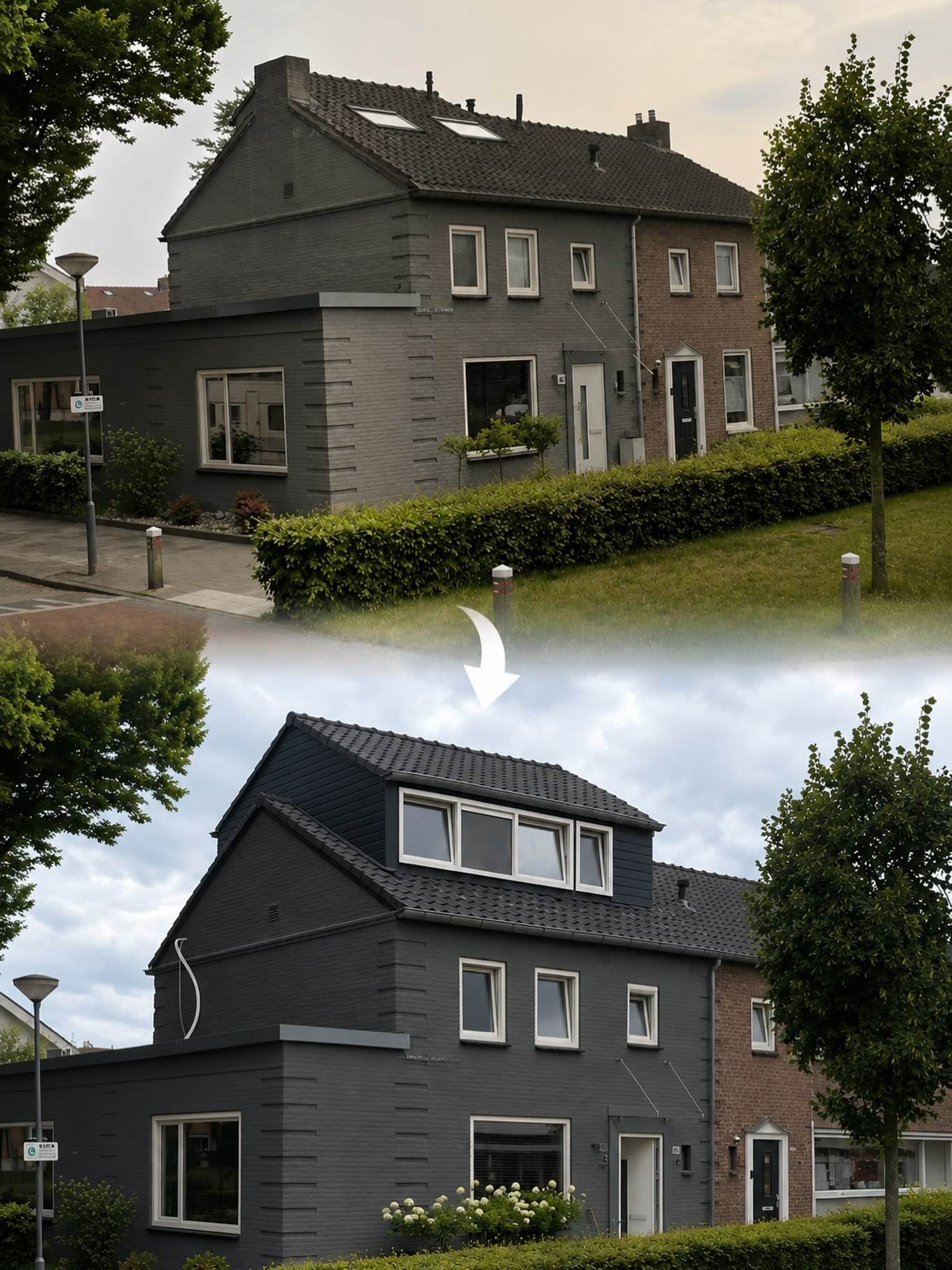 Voor en na: woning met lage zolder, na de verbouwing een volledige woonverdieping met dakkapel